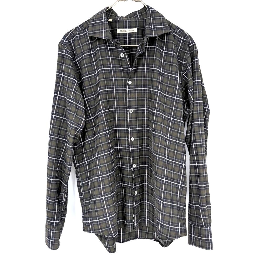 Maurizio Baldassari Shirt Mens L Green Navy Plaid Made Italy 100% Cotton